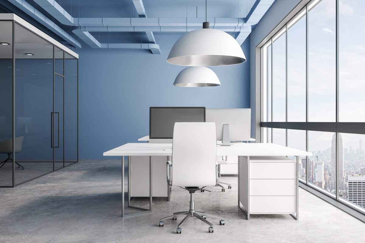 Blue office interior with city view