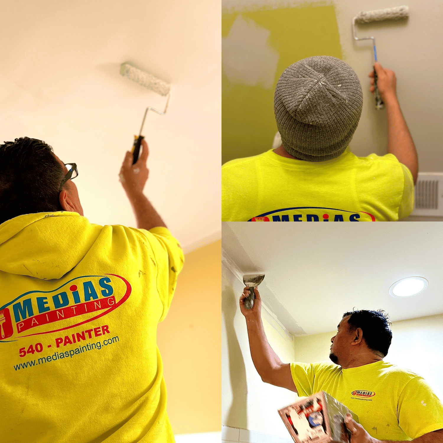 Professional Interior Painters Working on Ceilings and Walls A collage of professional painters from Medias Painting applying fresh paint to ceilings and walls in a home.